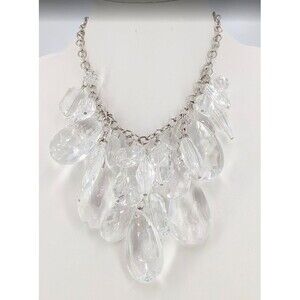 VCLM Signed Necklace Clear Faceted Drop Statement Silver Tone Chain 19 in 132g
